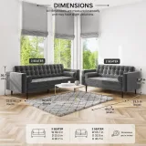 Mid Century Quilted Grey Velvet 3 Seater and 2 Seater Sofa Set Zavior – furniture thumbnail 2