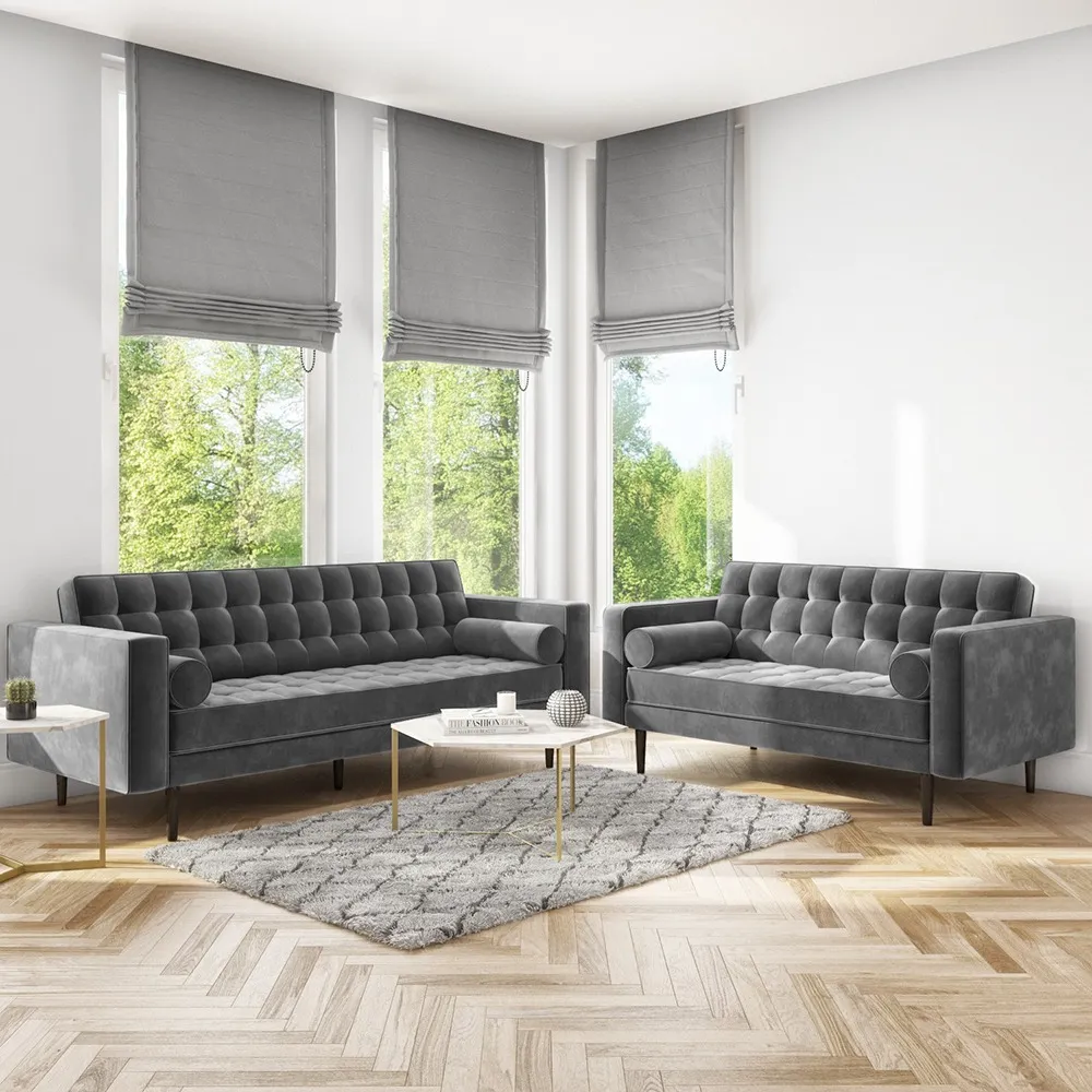 Mid Century Quilted Grey Velvet 3 Seater and 2 Seater Sofa Set Zavior – furniture