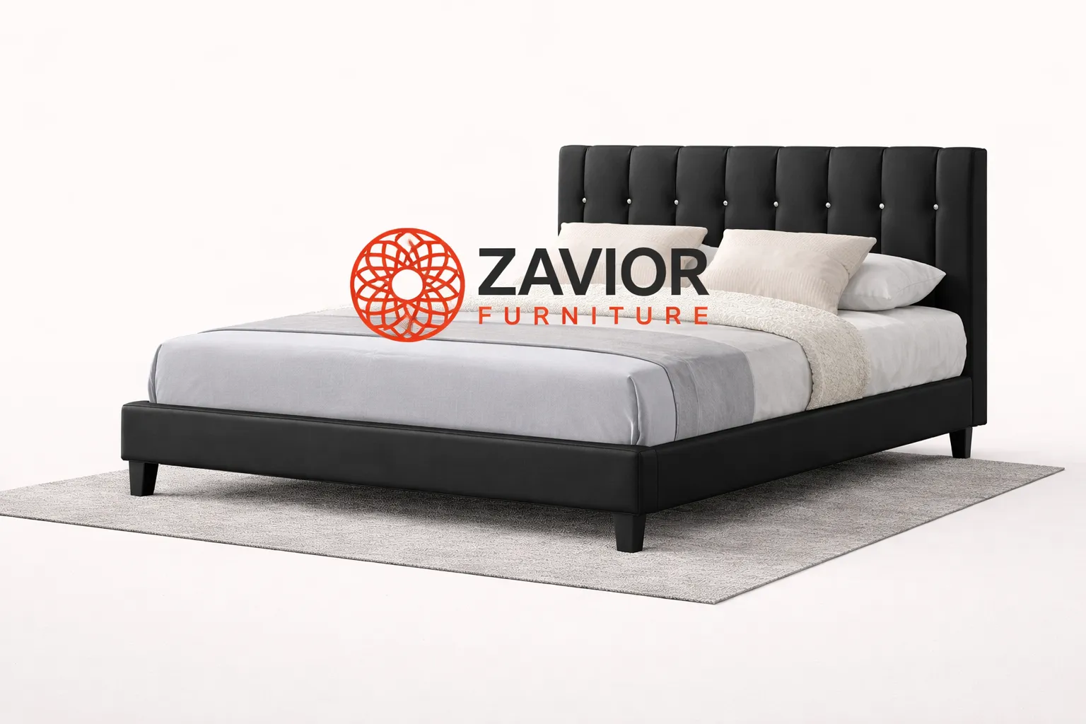 Zavior Faux Leather Bed with Crystal Button Tufted Headboard