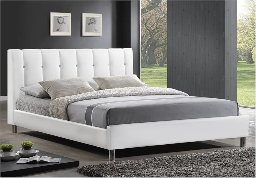 Zavior Faux Leather Bed with Crystal Button Tufted Headboard
