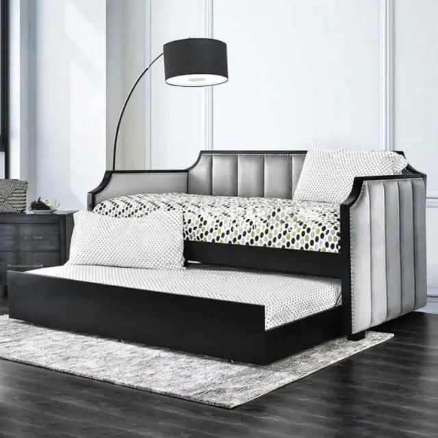 Fabric Upholstered Wooden Daybed with Vertical Tufting, Gray and Black – furniture