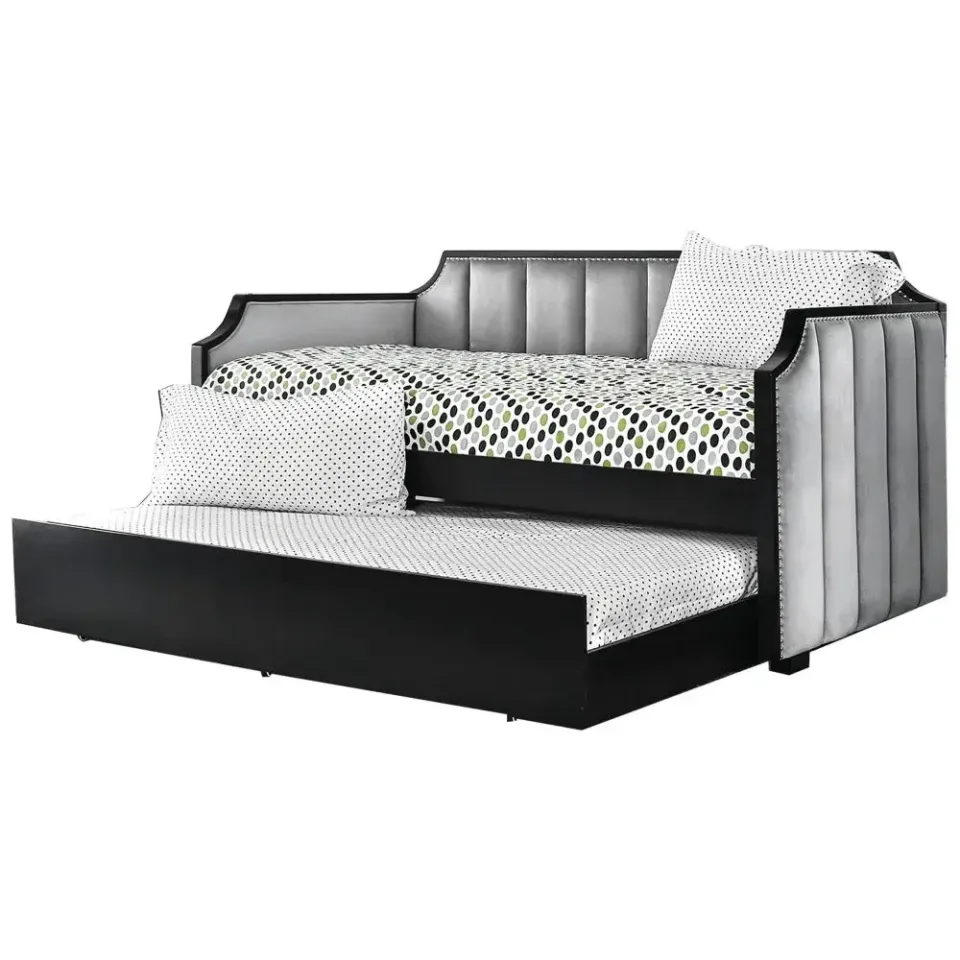 Fabric Upholstered Wooden Daybed with Vertical Tufting, Gray and Black – furniture - product image 2