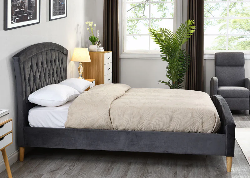 Zavior Curved Velvet Bed with Diamond Tufted Headboard