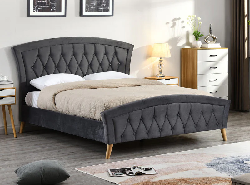 Zavior Curved Velvet Bed with Diamond Tufted Headboard