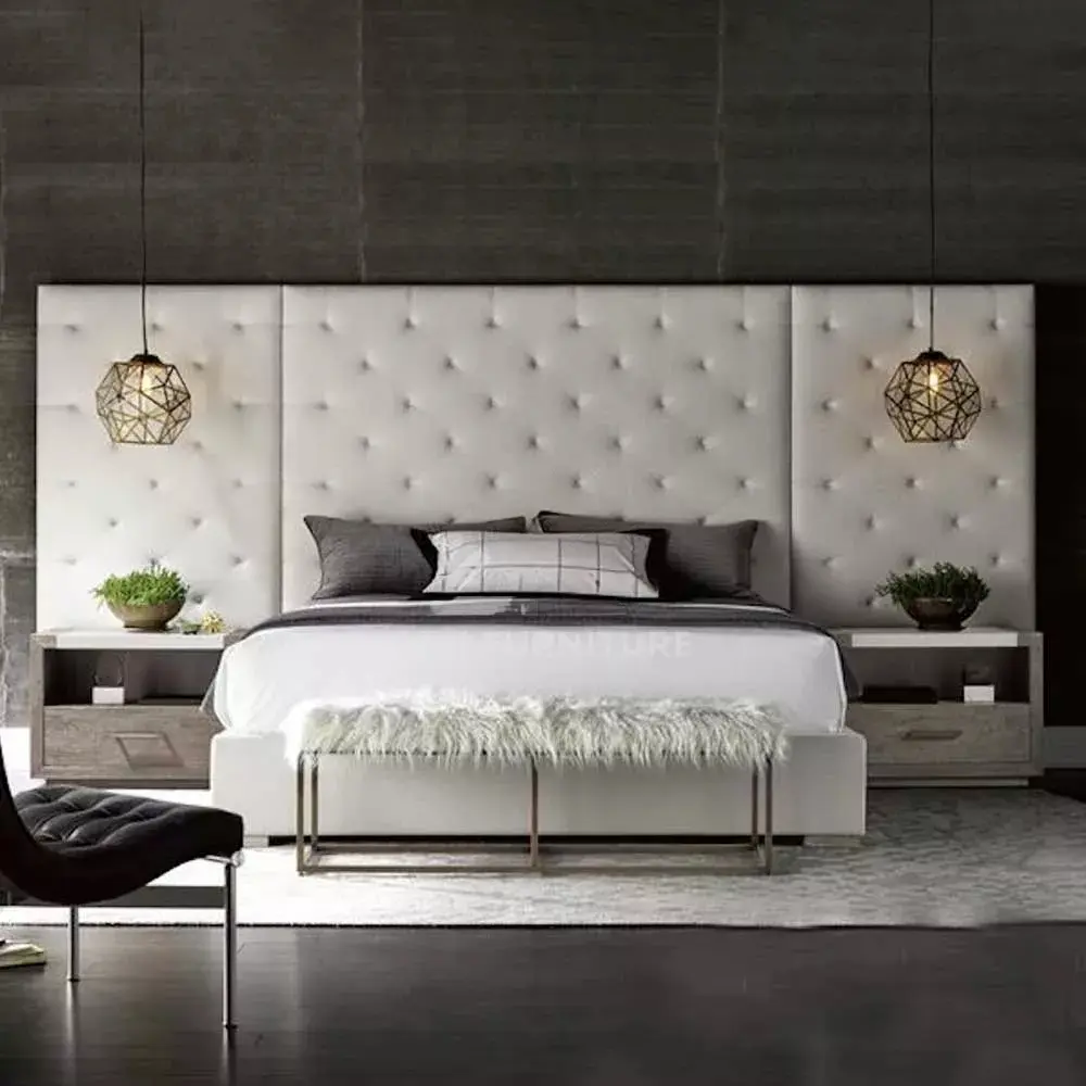 Modern Glamorous Wall Panel Bed Dubai – Charcoal Upholstered Elegance – furniture