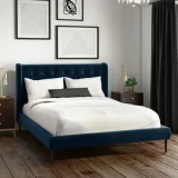 Navy Velvet Small Double Bed Frame with Winged Headboard – furniture