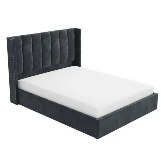 Grey Velvet Small Double Ottoman Bed with Winged Headboard – furniture