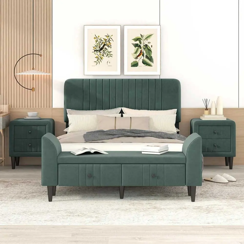 A 4 piece bedroom set consisting of a platform bed, nightstands, and bench – furniture