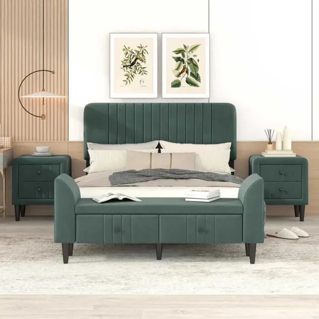 A 4 piece bedroom set consisting of a platform bed, nightstands, and bench – furniture