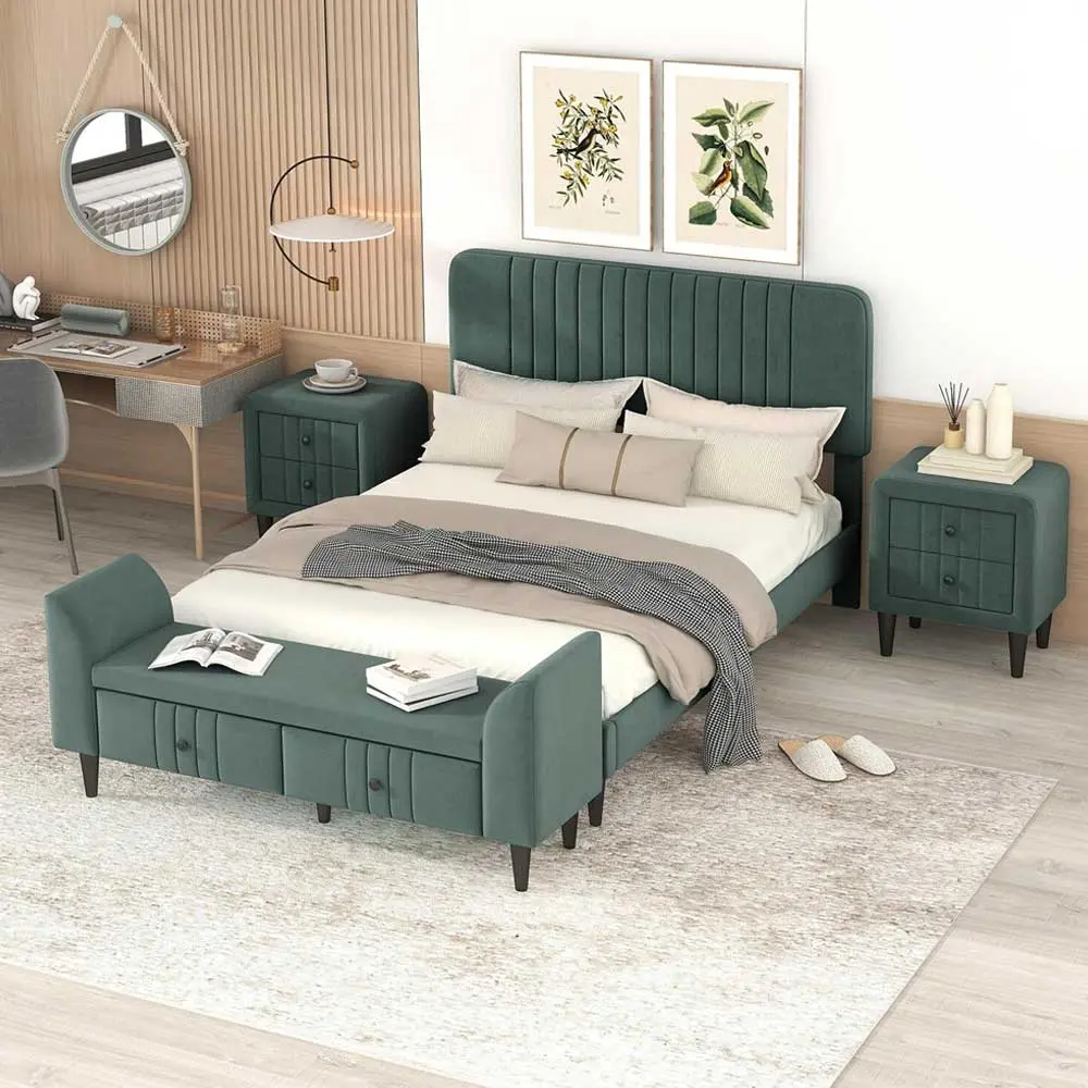 A 4 piece bedroom set consisting of a platform bed, nightstands, and bench – furniture