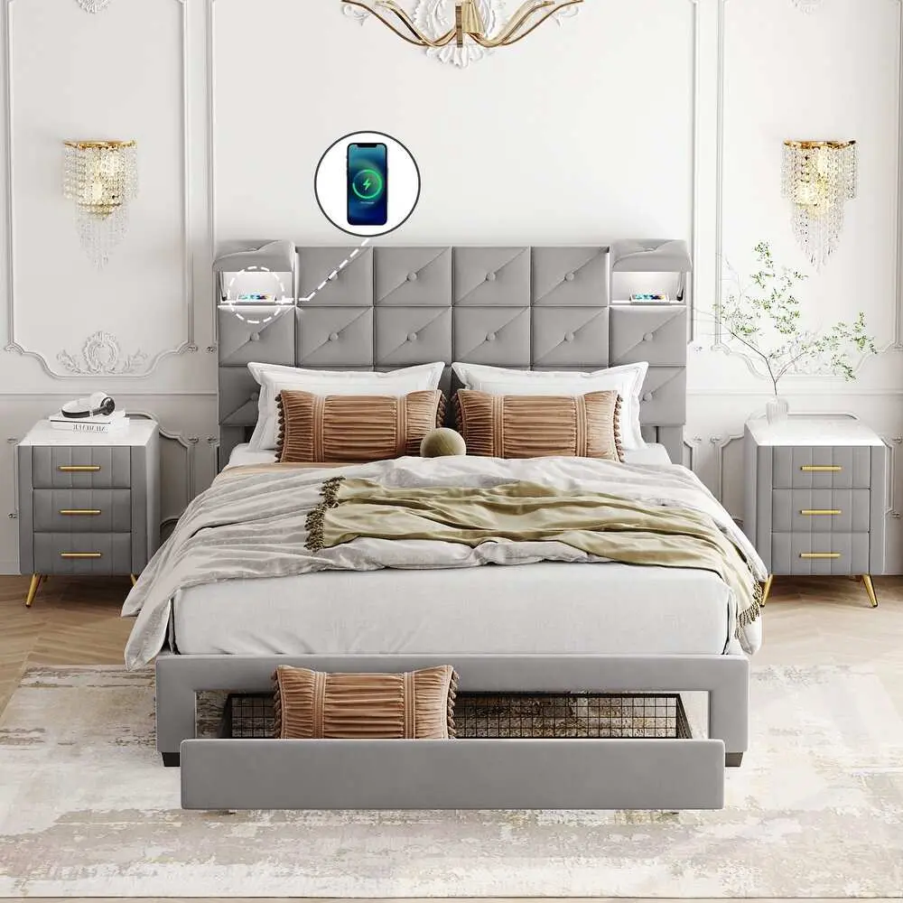 Platform bed with two nightstands and an upholstered headboard – furniture