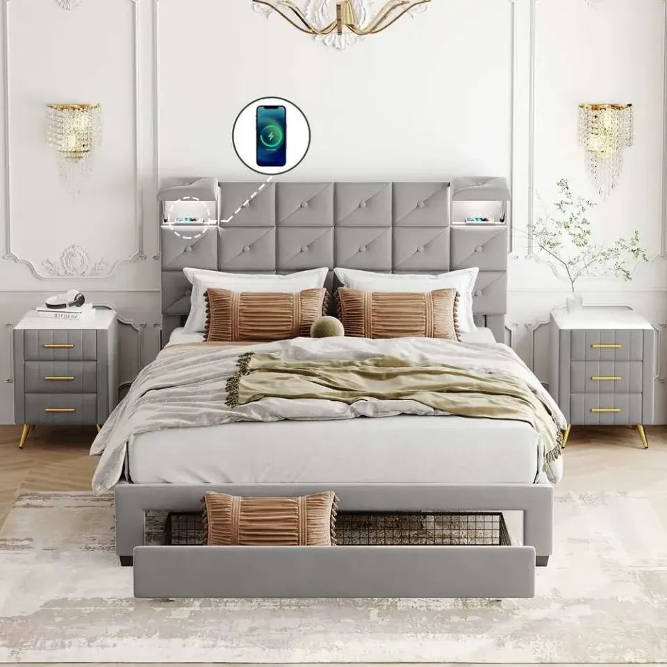 Platform bed with two nightstands and an upholstered headboard – furniture - product image 3
