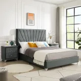 Zavior Cross Tufted High Headboard Velvet Upholstery Bed thumbnail 3
