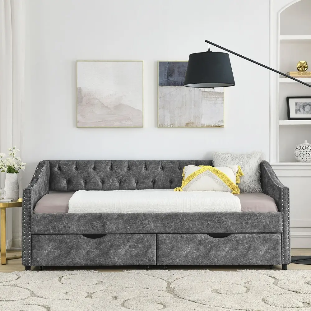 Linen Daybed with Drawers,Tufted Sofa Bed with Button and Copper Nail – furniture