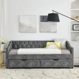 Linen Daybed with Drawers,Tufted Sofa Bed with Button and Copper Nail – furniture thumbnail 3