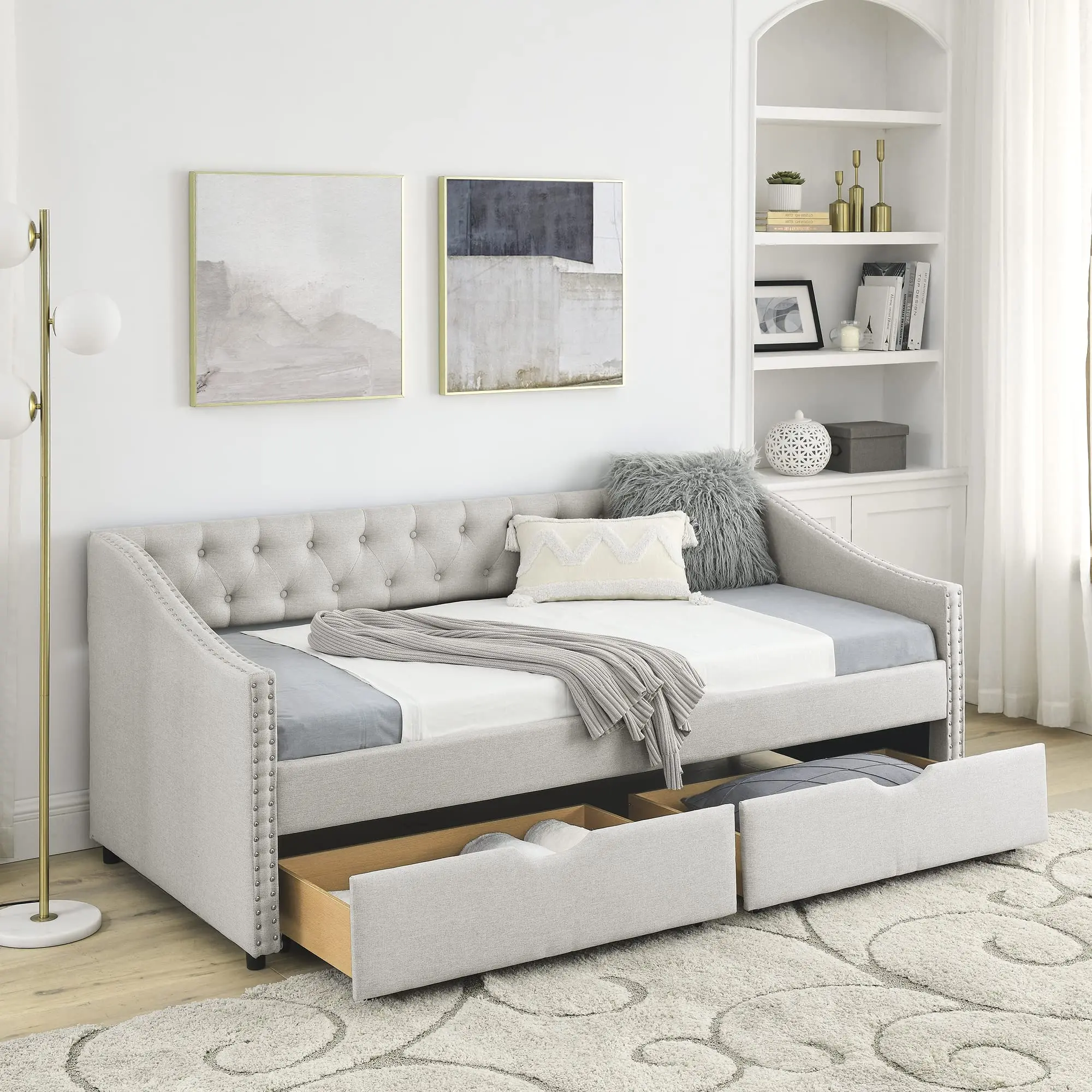 Linen Daybed with Drawers,Tufted Sofa Bed with Button and Copper Nail – furniture