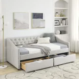 Linen Daybed with Drawers,Tufted Sofa Bed with Button and Copper Nail – furniture thumbnail 6