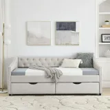 Linen Daybed with Drawers,Tufted Sofa Bed with Button and Copper Nail – furniture thumbnail 7