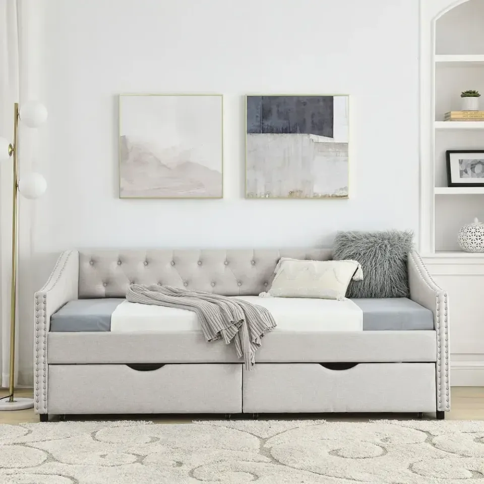 Linen Daybed with Drawers,Tufted Sofa Bed with Button and Copper Nail – furniture - product image 7