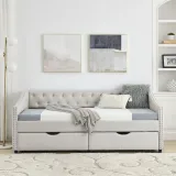 Linen Daybed with Drawers,Tufted Sofa Bed with Button and Copper Nail – furniture thumbnail 1