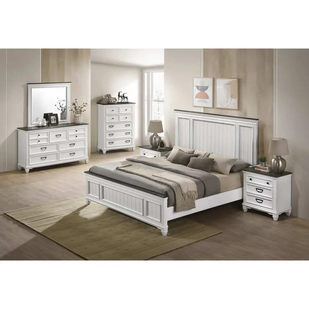 Roundhill Furniture Clelane Wood Bedroom Set with Bed, Dresser, Mirror, Two Nightstands, and Chest in Weathered White and Grey – furniture