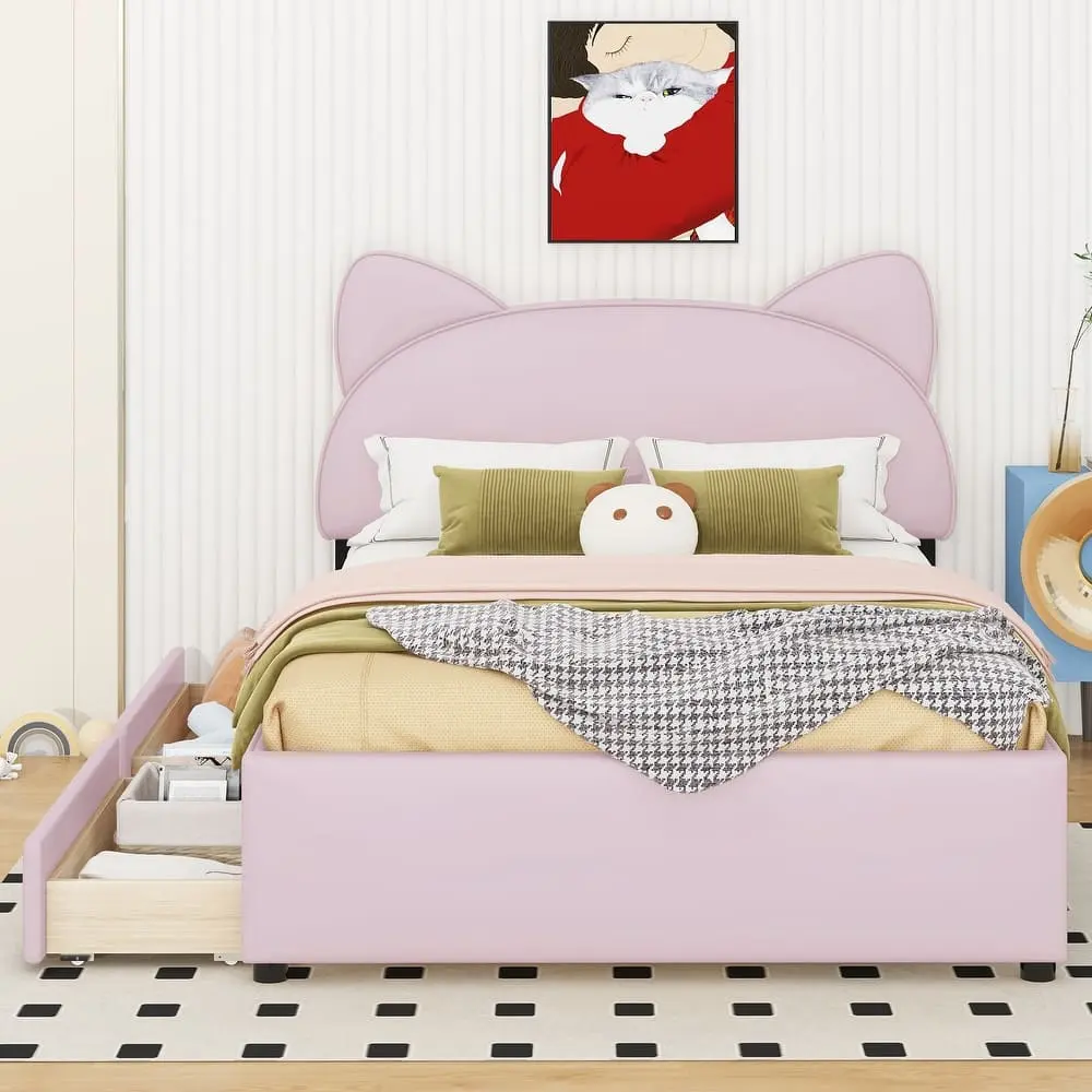 Upholstered Platform Bed with Cartoon Ears Shaped Headboard and 2 Drawers Storage – furniture
