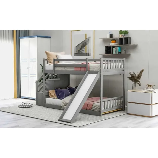 Twin over Twin Bunk Bed with Convertible Slide and Stairway – Grey – furniture
