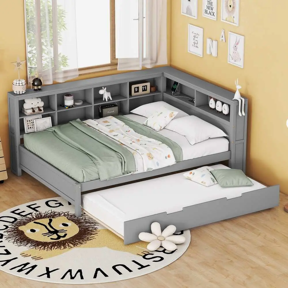 Multi-Shelf Daybed Bookcase Bed Frame with Trundle Bed – furniture