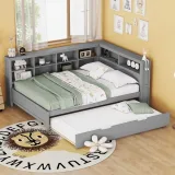 Multi-Shelf Daybed Bookcase Bed Frame with Trundle Bed – furniture
