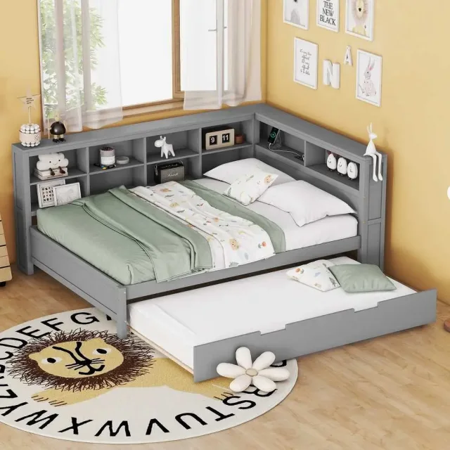 Multi-Shelf Daybed Bookcase Bed Frame with Trundle Bed – furniture
