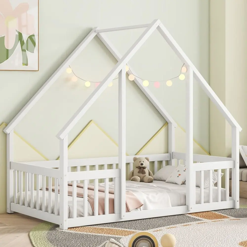 Twin Wood House-Shaped Floor Bed with Fence, Guardrails ,White – furniture
