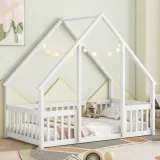 Twin Wood House-Shaped Floor Bed with Fence, Guardrails ,White – furniture