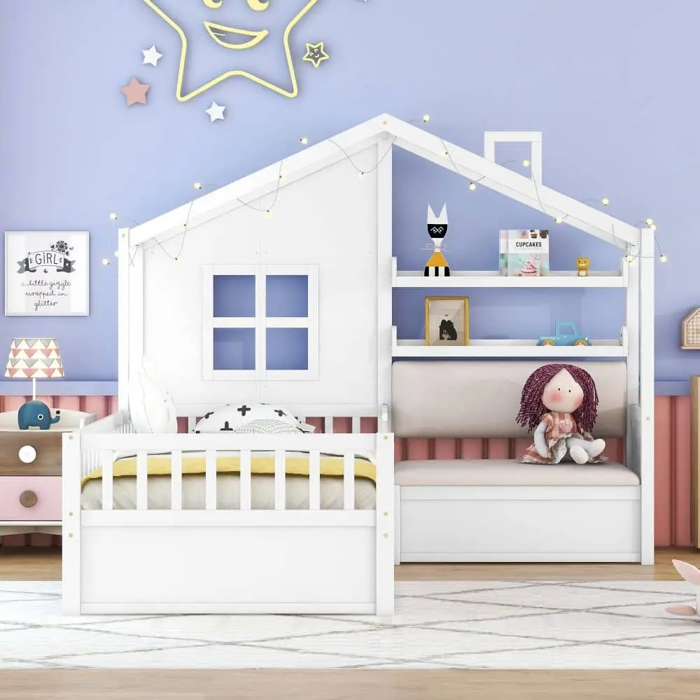 Twin Size House Bed with Sofa, Kids Platform Bed with Two Drawers and Storage Shelf – furniture