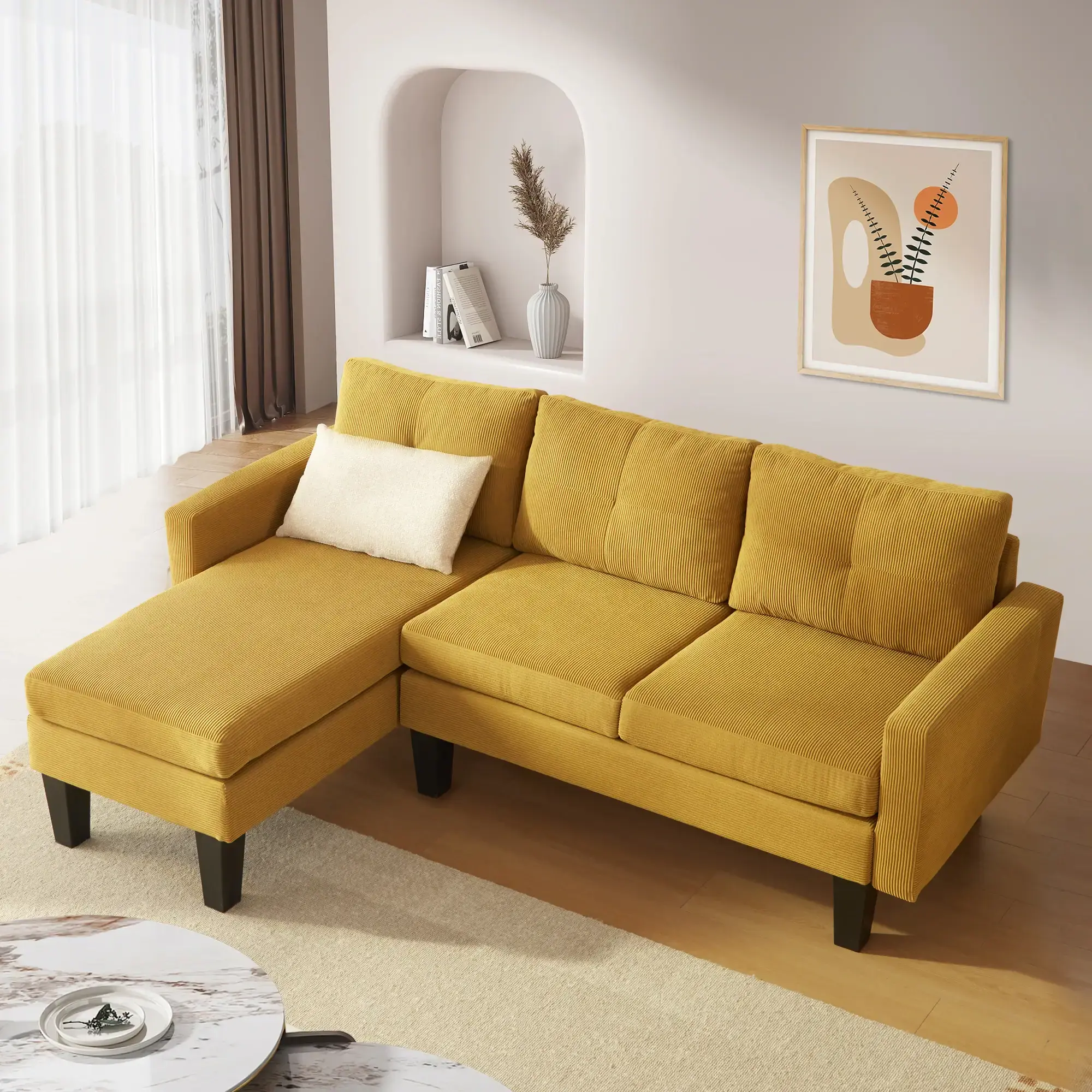 HOOOWOOO Modern L-shaped Corduroy Fabric Chaise Sofa – furniture