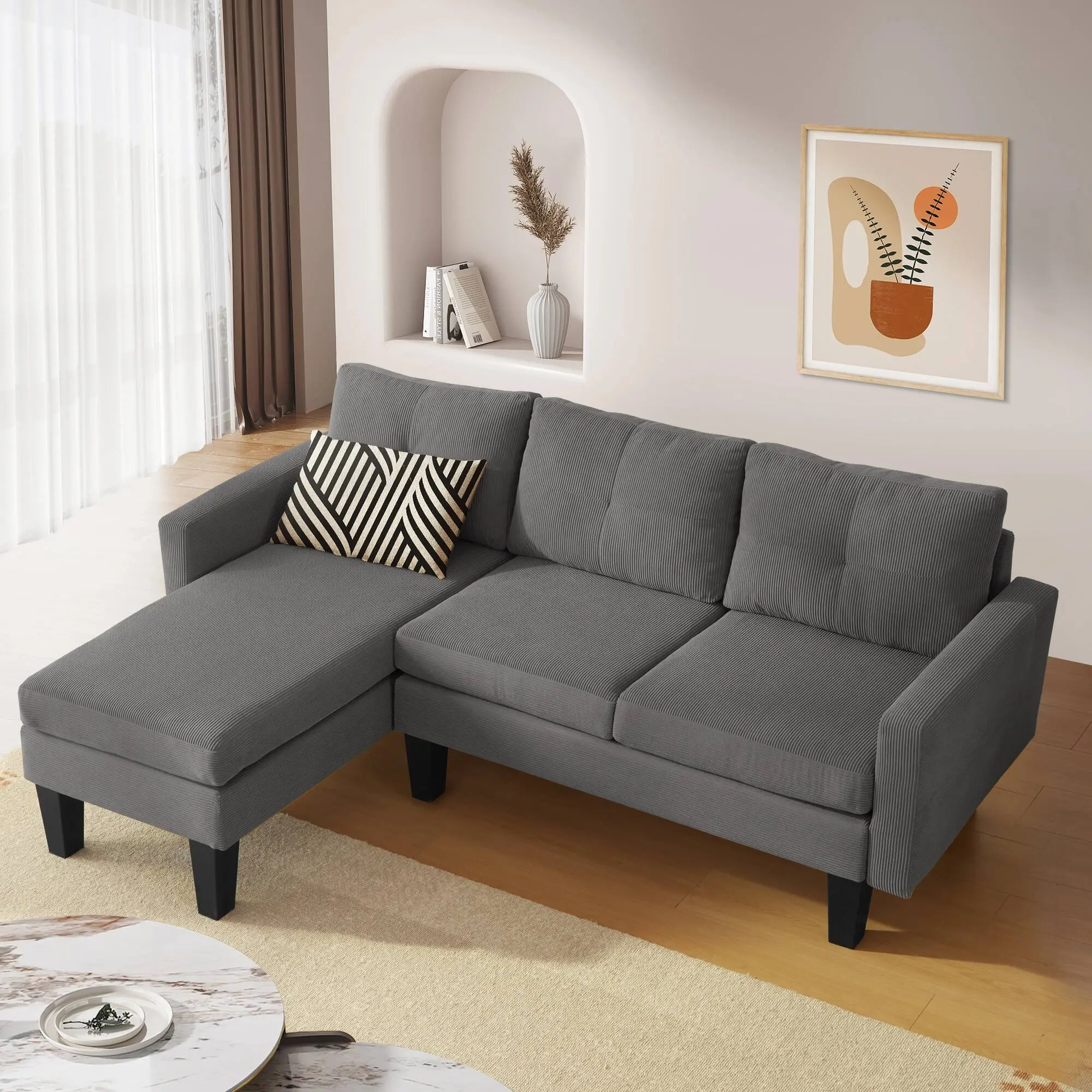 HOOOWOOO Modern L-shaped Corduroy Fabric Chaise Sofa – furniture