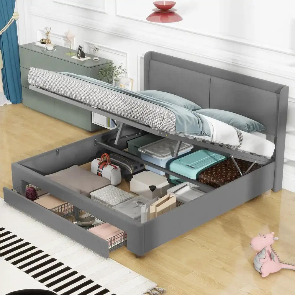 Queen Size Storage Upholstered Hydraulic Platform Bed with 2 Drawers – furniture