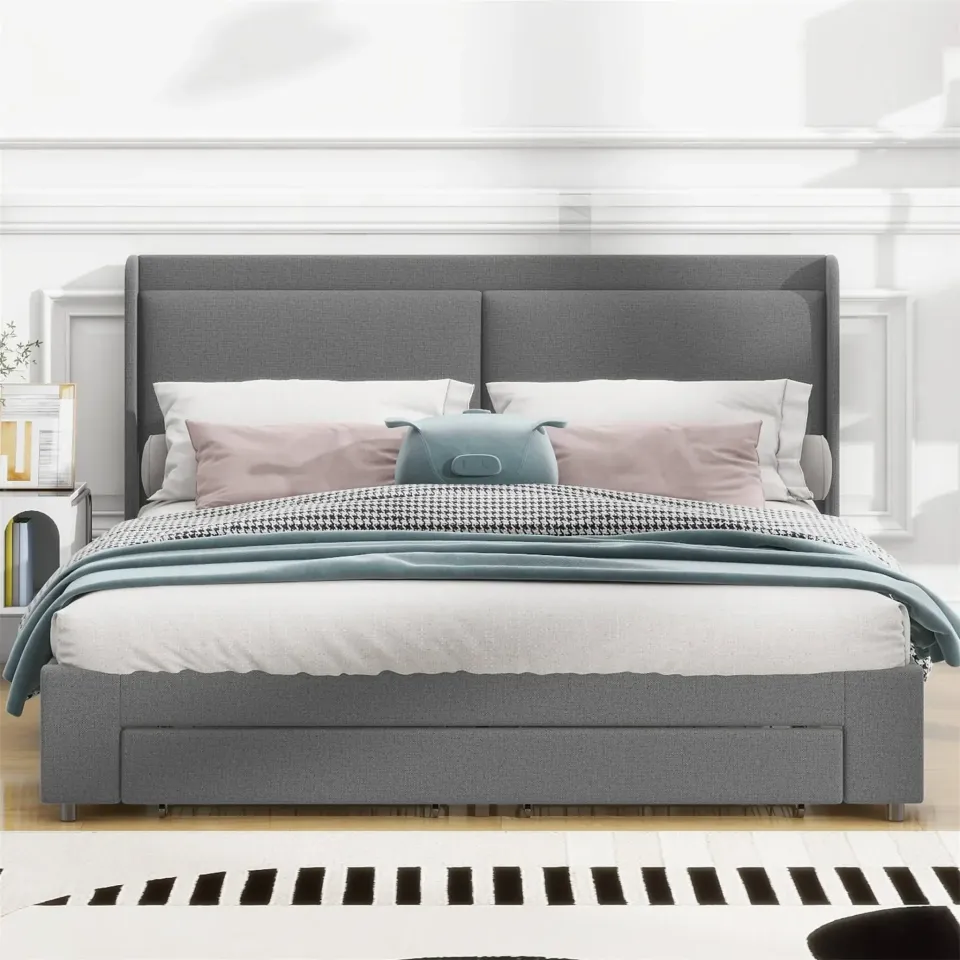 Queen Size Storage Upholstered Hydraulic Platform Bed with 2 Drawers – furniture - product image 5