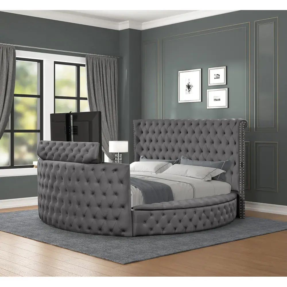 Maya Modern Style Queen/King Storage Bed Made with Wood, Built in USB Chargers & TV Stand Footboard – furniture