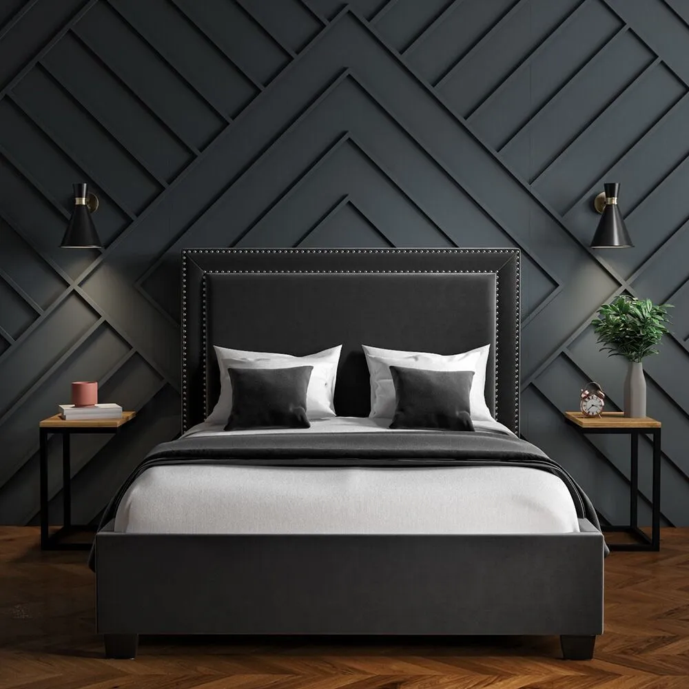 Zavior Dark Grey Velvet Ottoman Bed with Studded Headboard