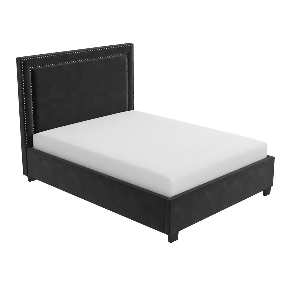 Zavior Dark Grey Velvet Ottoman Bed with Studded Headboard