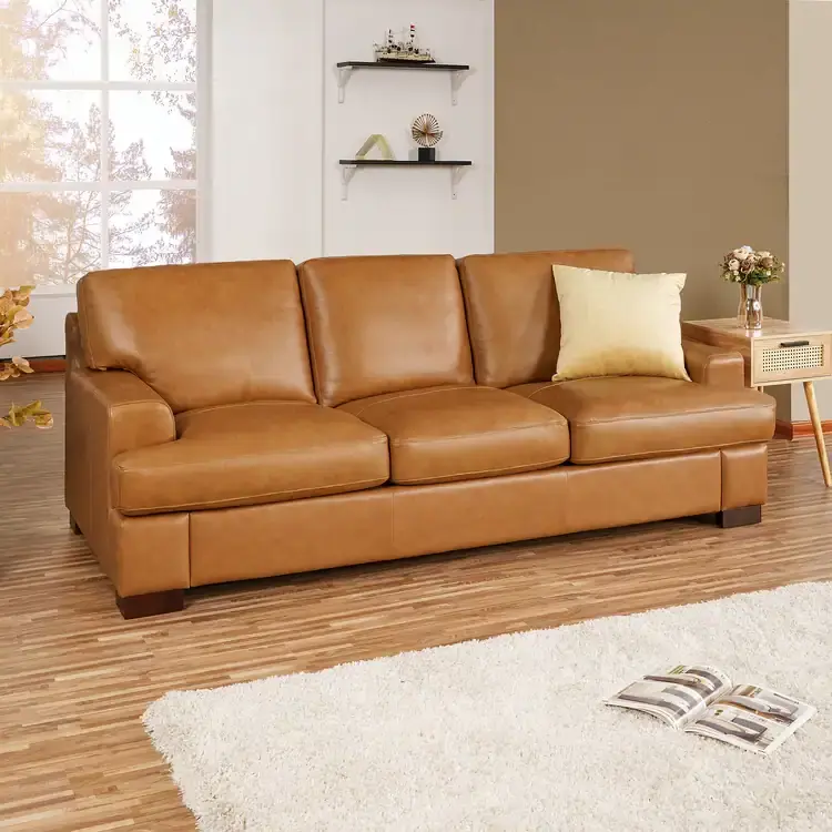 Siggy Genuine Leather Square Arm Sofa with Sturdy Block Legs – Luxurious Comfort, Goose Feather Cushion – Ideal for Living Room – furniture