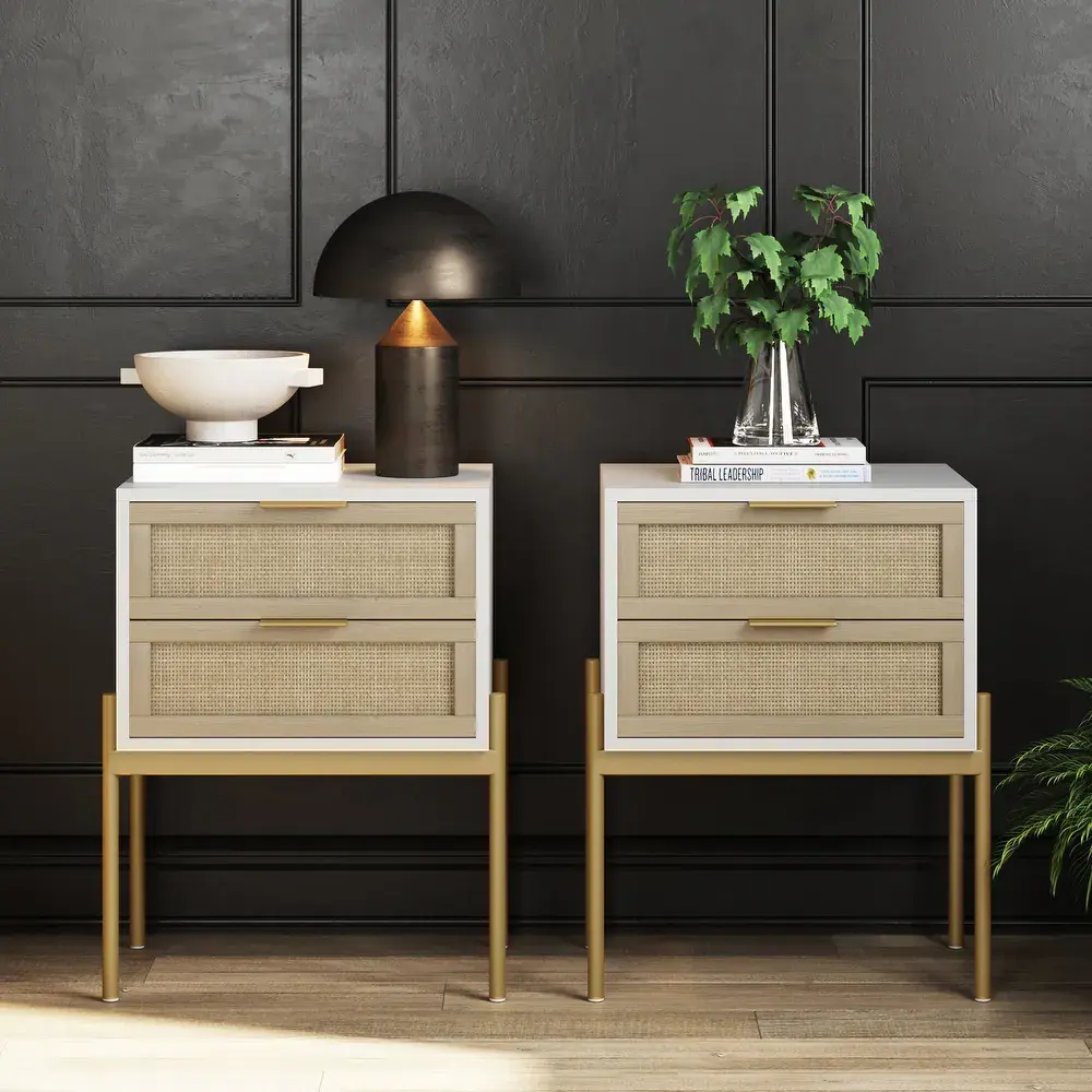Nathan James Andrew Rattan End Side Table Storage Doors Gold Accents – furniture