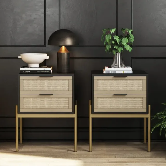 Nathan James Andrew Rattan End Side Table Storage Doors Gold Accents – furniture