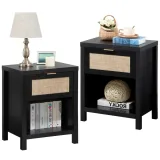SICOTAS Farmhouse Rattan Nightstand Set of 2 with Drawer and Storage Shelf – furniture thumbnail 1