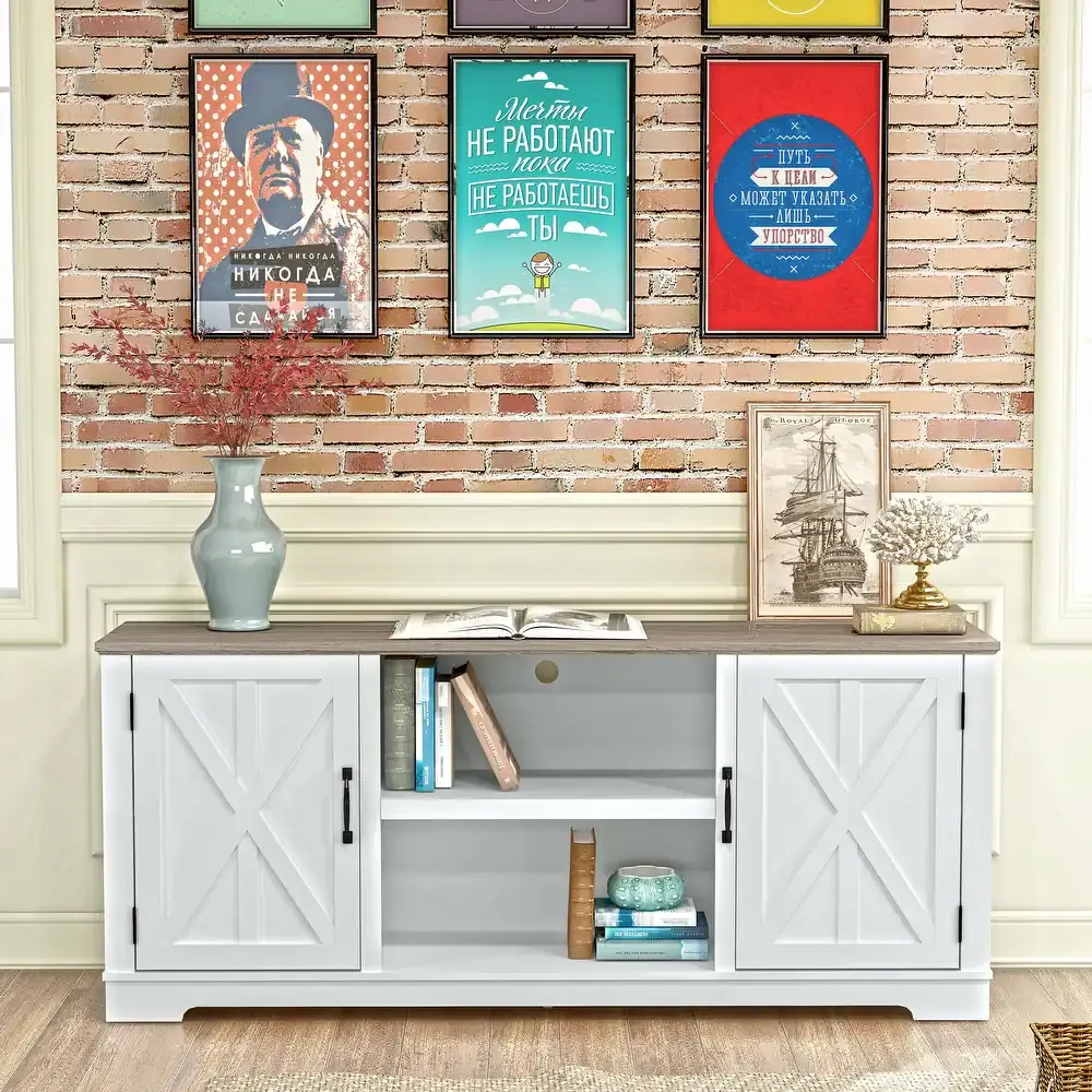 70″ Farmhouse TV Stand Console for TVs up to 75 inch – 70″ in Width – Grayish-white – furniture