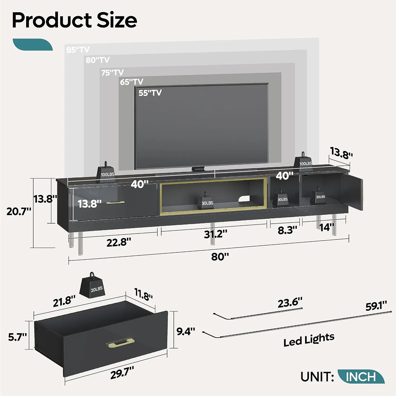 LED TV Stands Modern Entertainment Center for 85″ TV with Drawer – 80 inches – furniture
