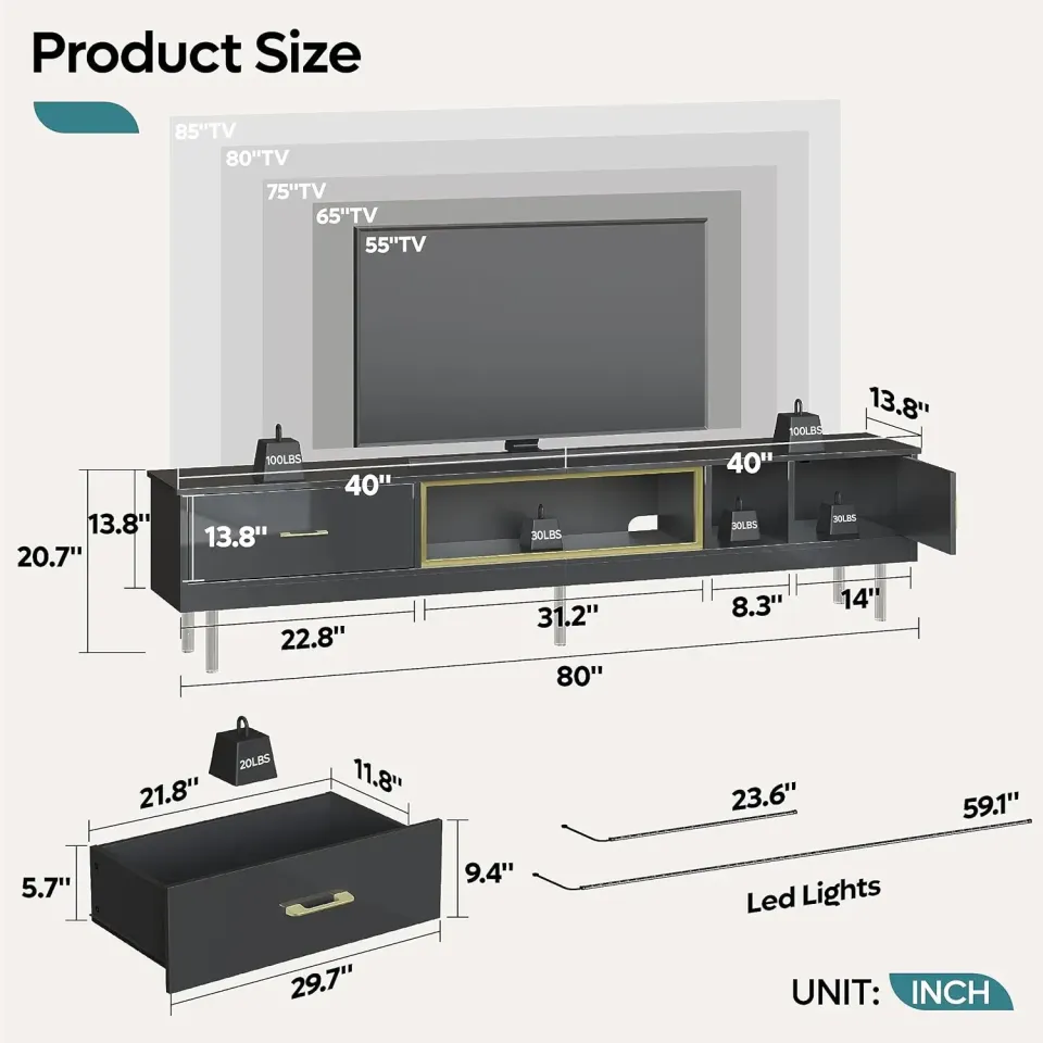 LED TV Stands Modern Entertainment Center for 85″ TV with Drawer – 80 inches – furniture - product image 4