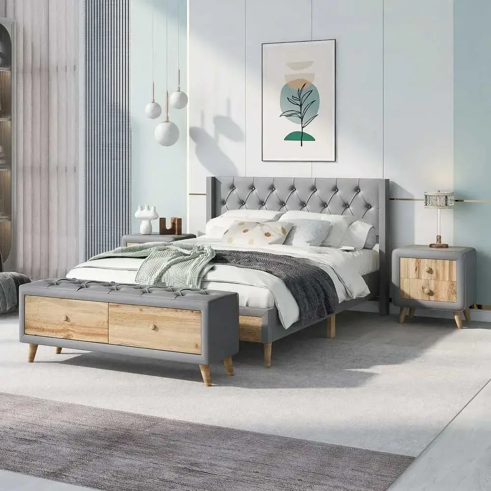 Platform bed with two nightstands and bench in full size Zavior furniture – furniture