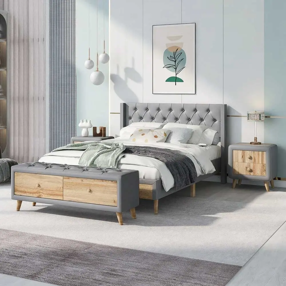 Platform bed with two nightstands and bench in full size Zavior furniture – furniture