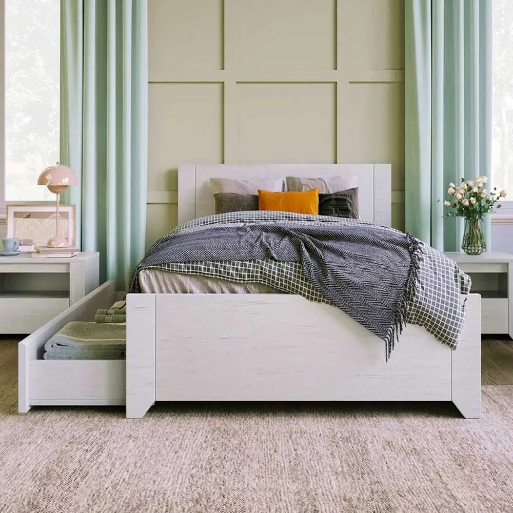 Three-piece wood bedroom set with twin bed, nightstand, and chest in off-white – furniture